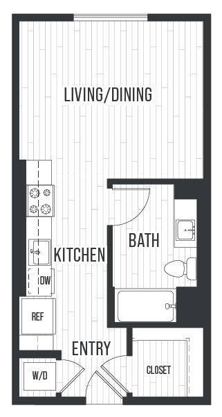 Floor plan SA. Studio at Sixth & Jackson Apartments in Japantown, San Jose.